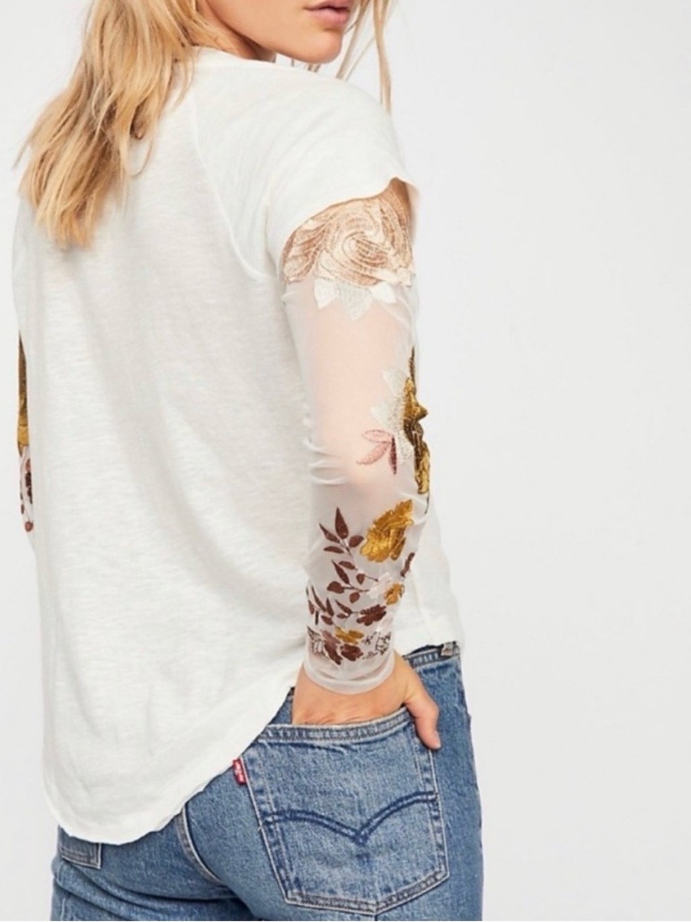 Free People Take Me Away White Twofer Top Embroidered Floral Sleeves - Picture 2 of 9